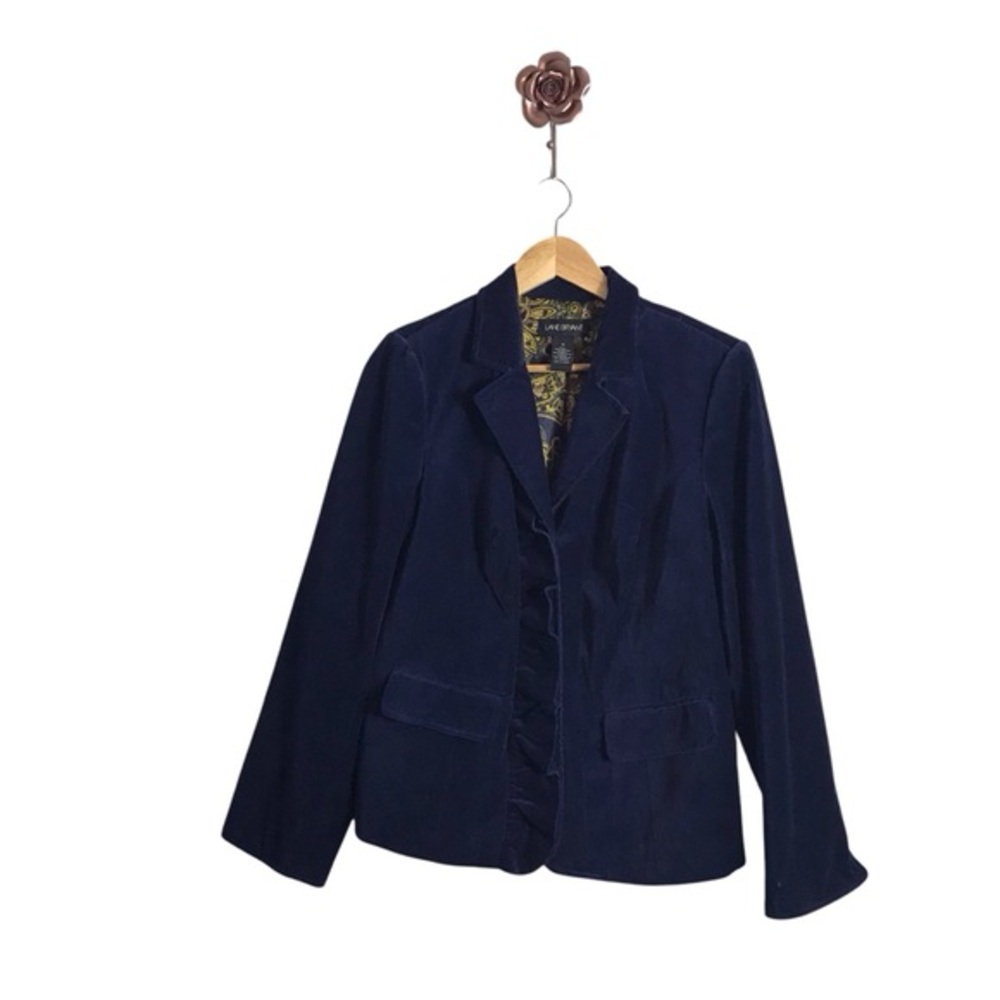 Lane Bryant Plus Size 16 Blue Velvet Ruffle Cotton Blazer Jacket‎ Pockets